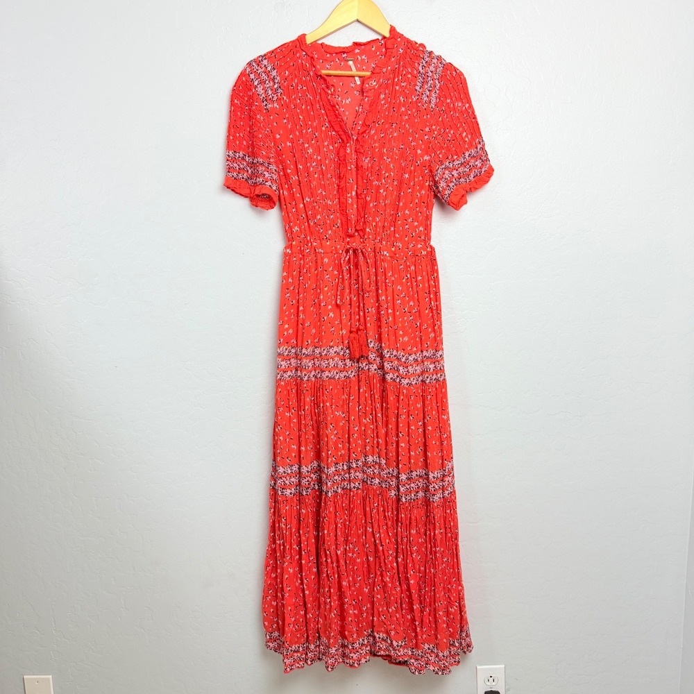 Free People Rare Feelings Maxi Dress Red Floral Boho Tiered Short Sleeve Medium